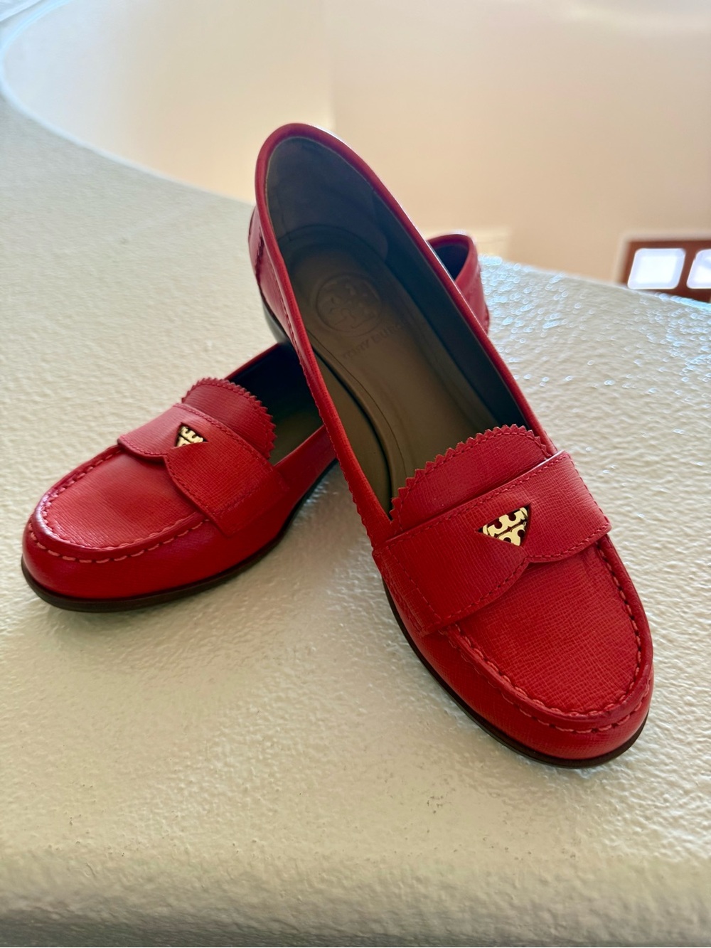 Tory Burch Bright Red Leather Penny Loafers with Gold Logo. No return please!